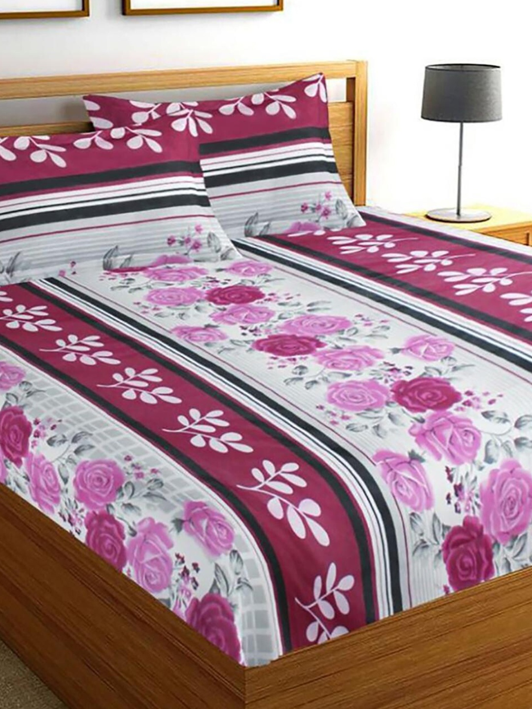 

HOMETALES Pink & White Floral Cotton 144 TC King Bedsheet With 2 Pillow Covers