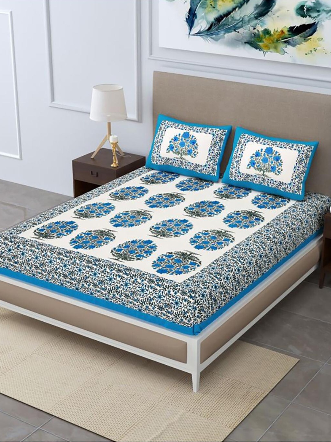 

HOMETALES Blue & White Ethnic Motifs Cotton 104 TC King Bedsheet with 2 Pillow Covers