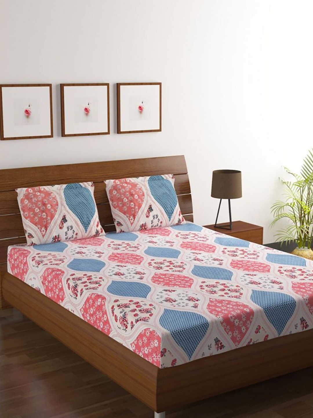 

HOMETALES Pink & White 128 TC Ethnic Motifs Queen Bedsheet with 2 Pillow Covers