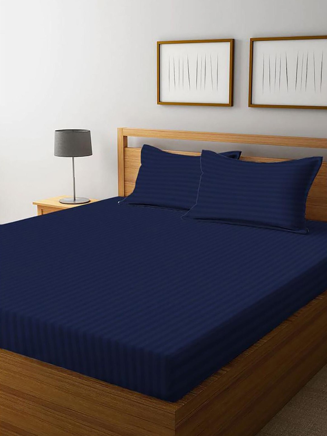 

HOMETALES Navy Blue Striped 120 TC Queen Bedsheet with 2 Pillow Covers