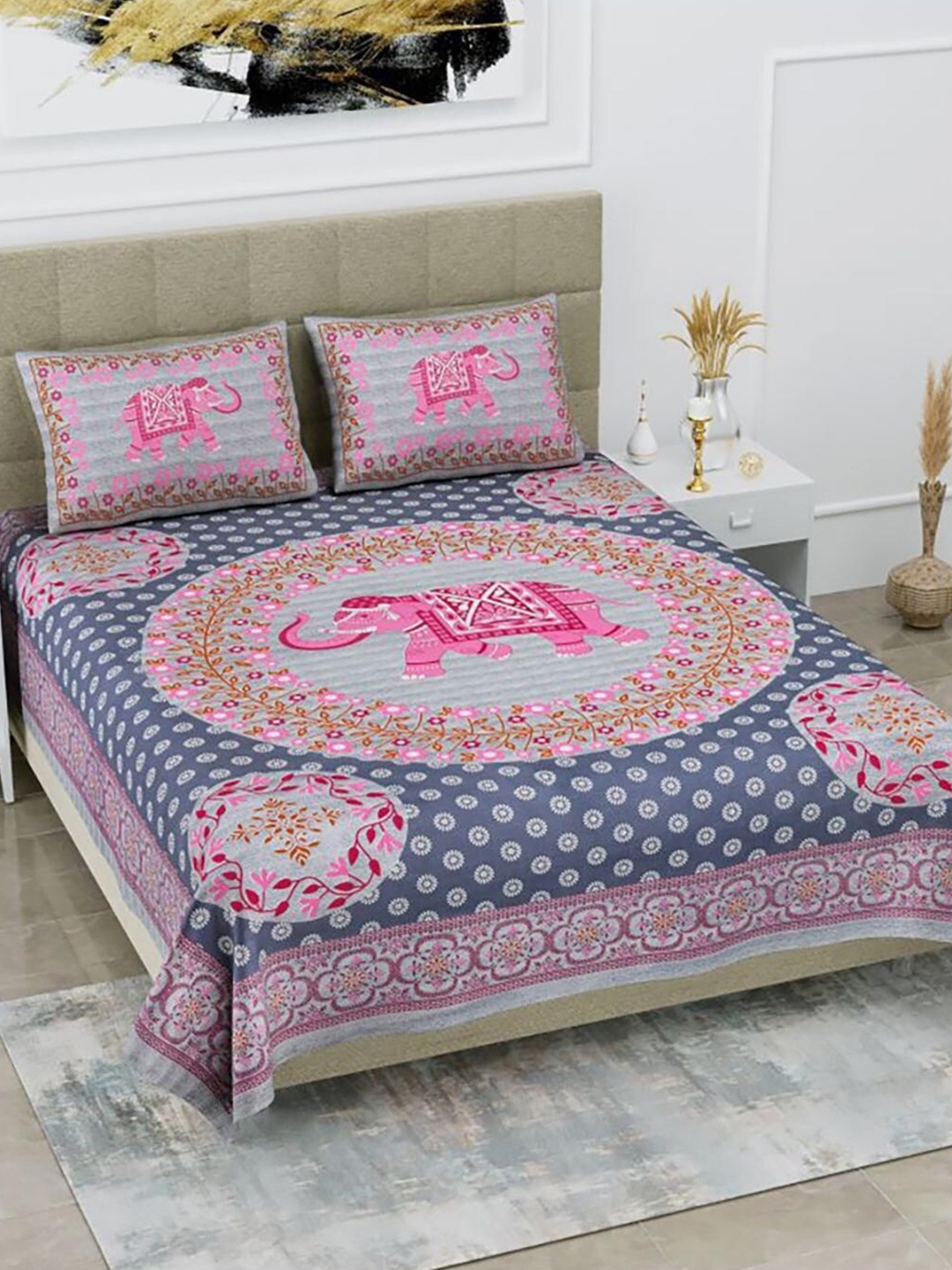 

HOMETALES Grey & Pink Ethnic Motifs Cotton 104 TC King Bedsheet With 2 Pillow Covers
