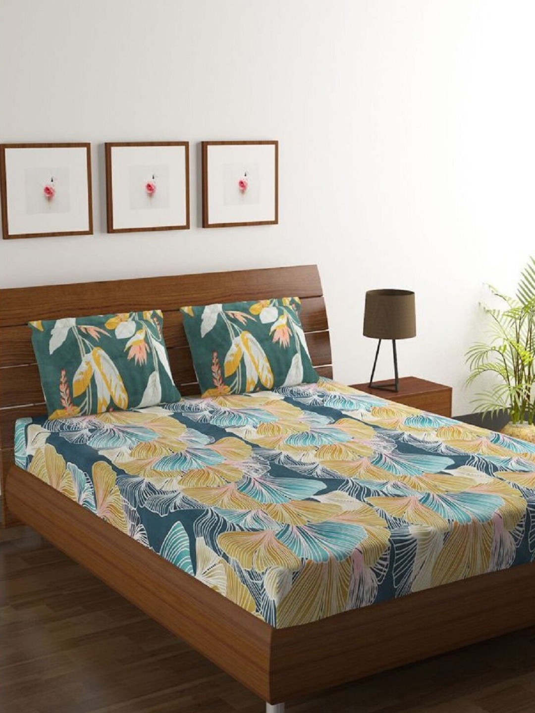 

HOMETALES Teal & Yellow 128 TC Floral Queen Bedsheet with 2 Pillow Covers