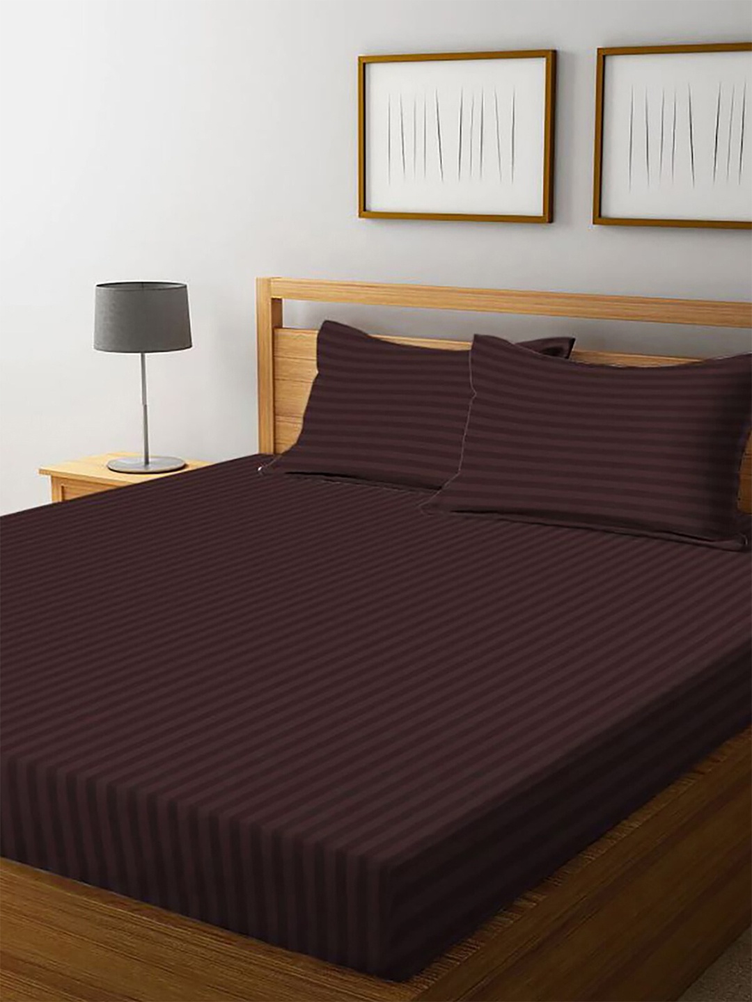 

HOMETALES Coffee Brown Striped 120 TC King Bedsheet with 2 Pillow Covers