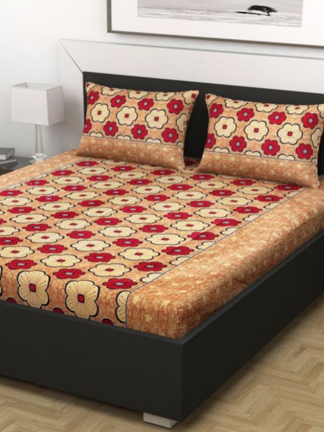 

HOMETALES Brown & Red Floral 104 TC King Bedsheet with 2 Pillow Covers
