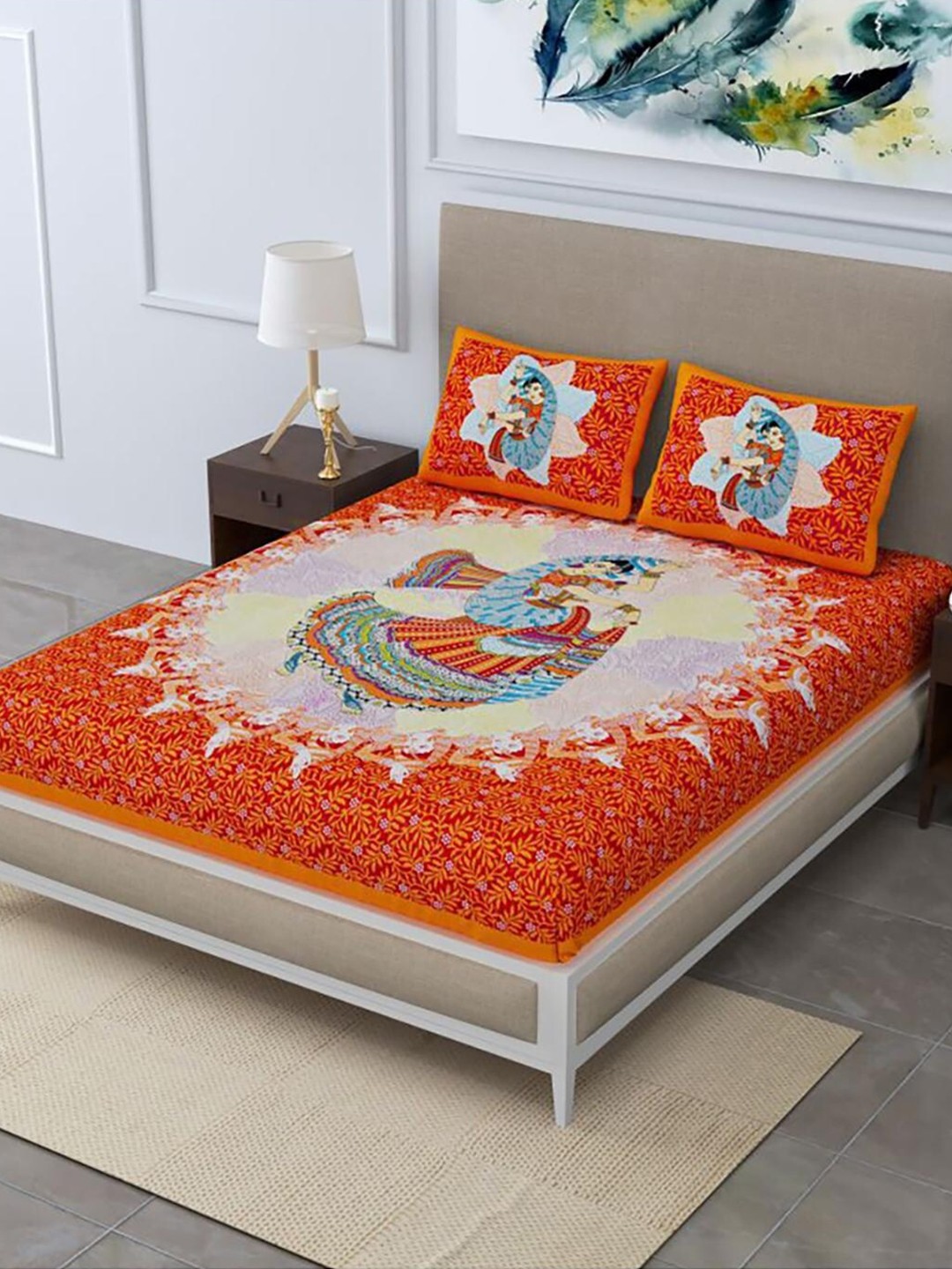 

HOMETALES Orange & Yellow Ethnic Motifs Cotton 104 TC King Bedsheet With 2 Pillow Covers