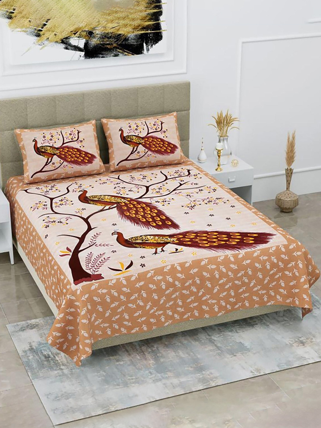 

HOMETALES Orange & Brown Ethnic Motifs Cotton 104 TC King Bedsheet with 2 Pillow Covers