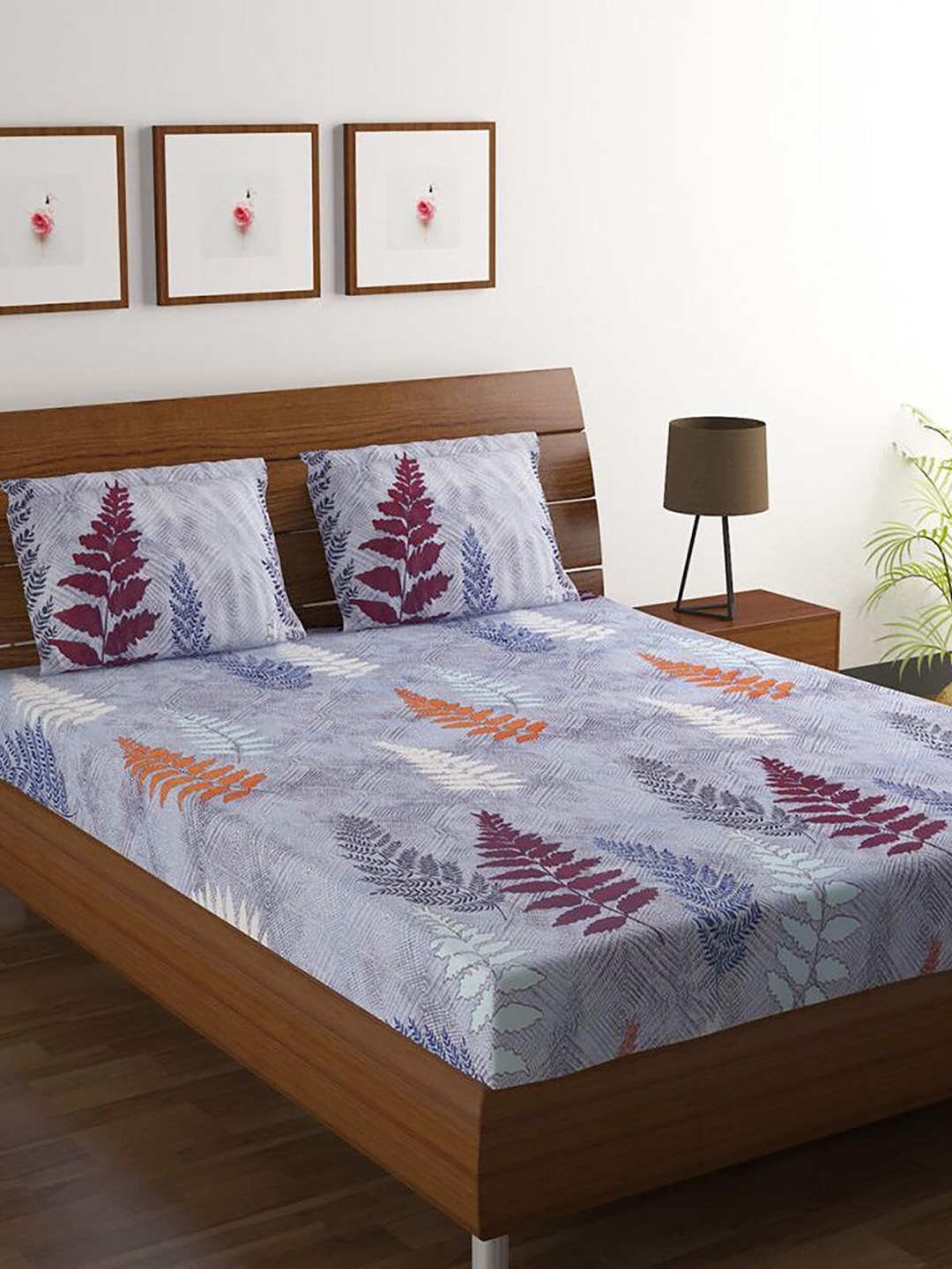 

HOMETALES Grey & Purple Floral 120 TC King Bedsheet with 2 Pillow Covers