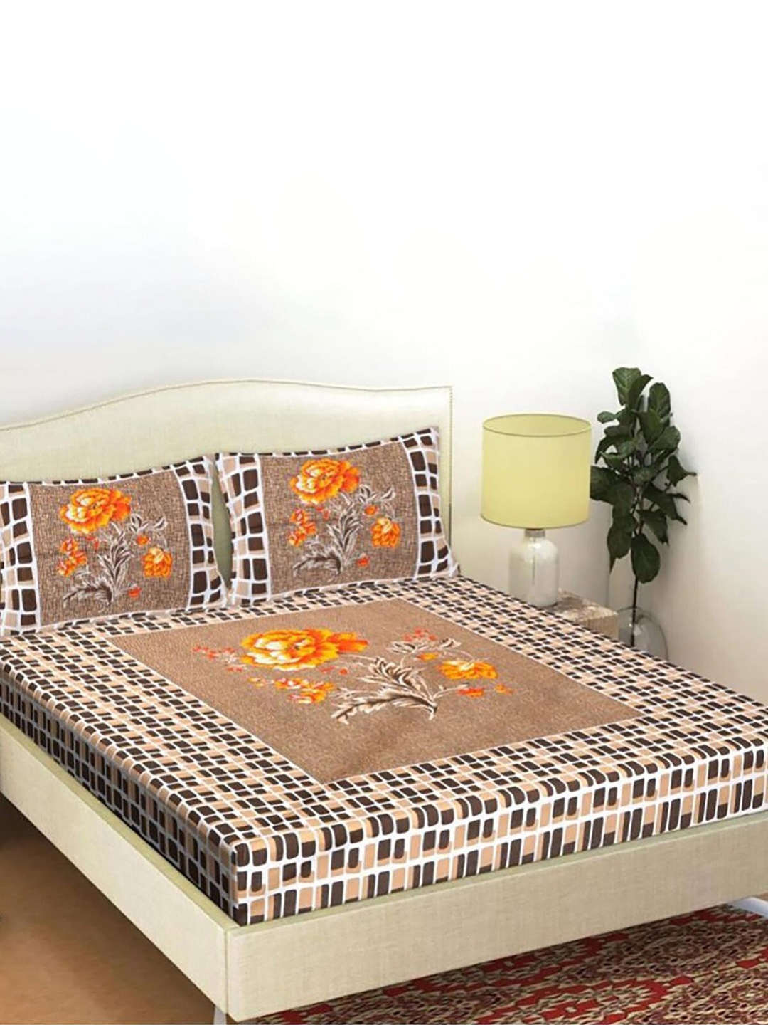 

HOMETALES Brown & White Floral Cotton 104 TC Queen Bedsheet with 2 Pillow Covers