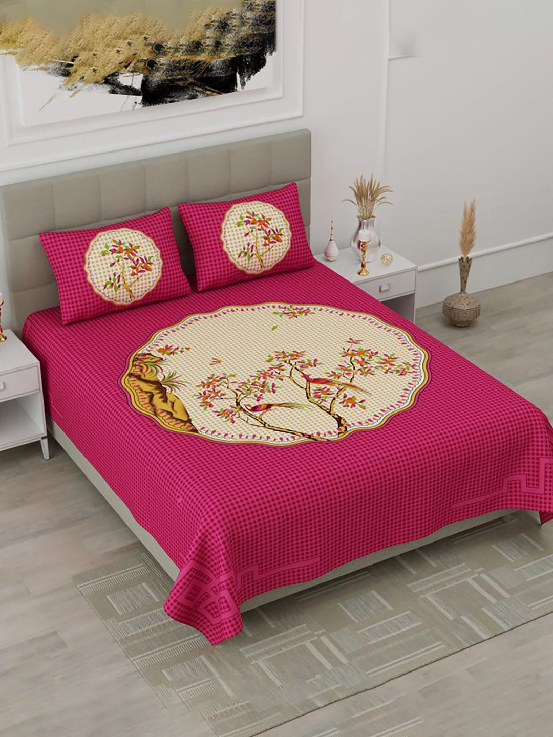

HOMETALES Pink & Beige Ethnic Motifs Cotton 104 TC King Bedsheet with 2 Pillow Covers