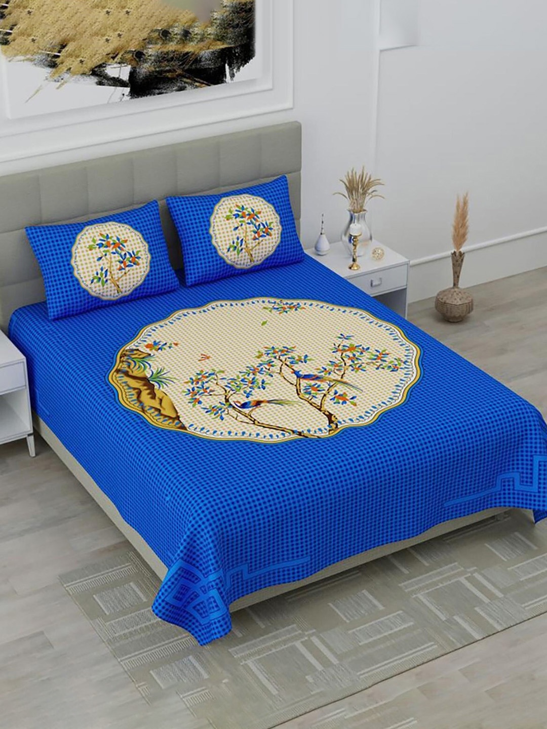 

HOMETALES Blue & Yellow Floral Cotton 104 TC King Bedsheet With 2 Pillow Covers