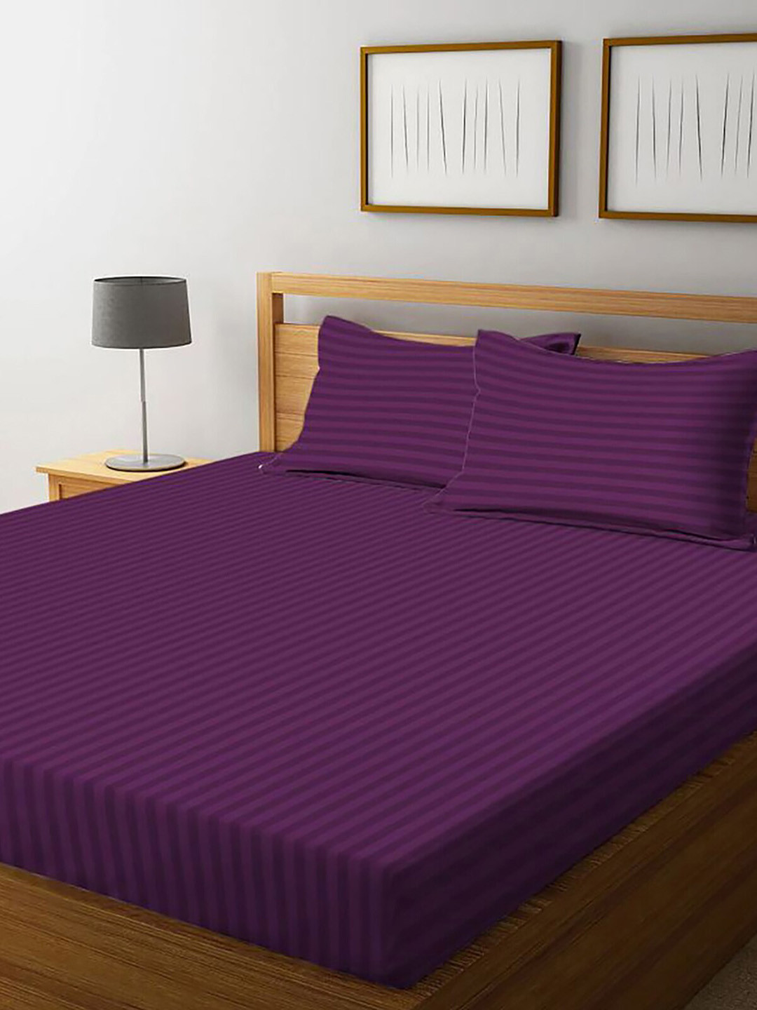

HOMETALES Purple Striped 120 TC King Bedsheet with 2 Pillow Covers