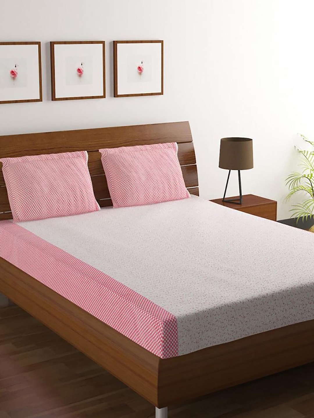 

HOMETALES Pink & White Cotton 120 TC King Bedsheet With 2 Pillow Covers