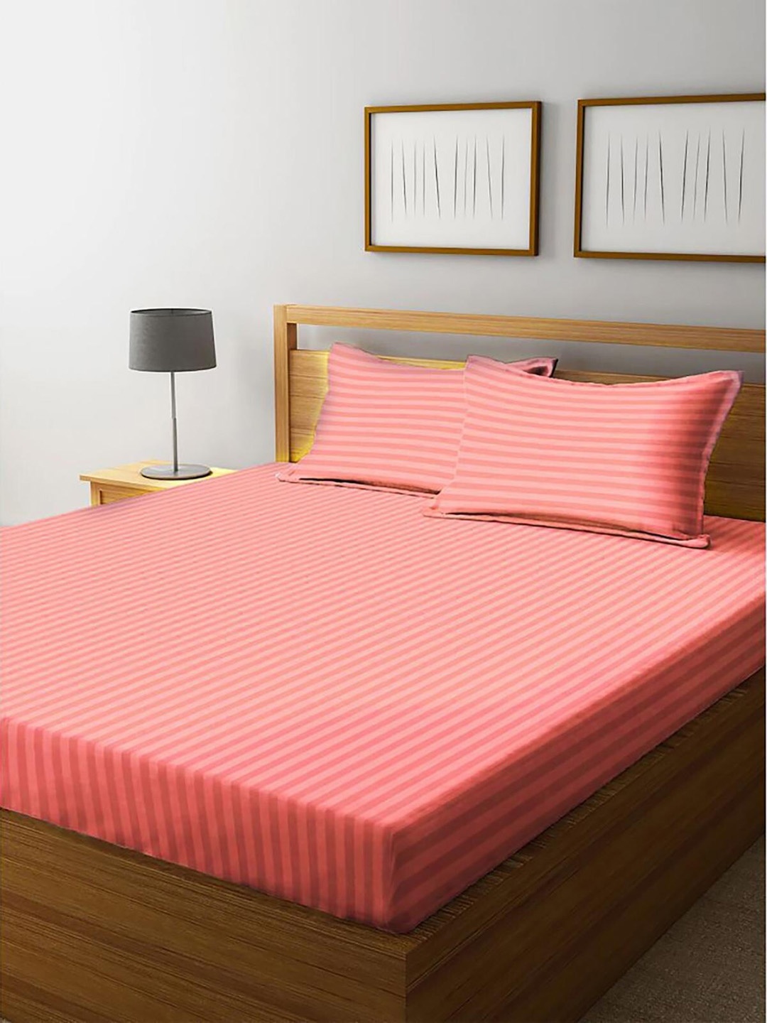 

HOMETALES Pink Striped 120 TC Queen Bedsheet with 2 Pillow Covers