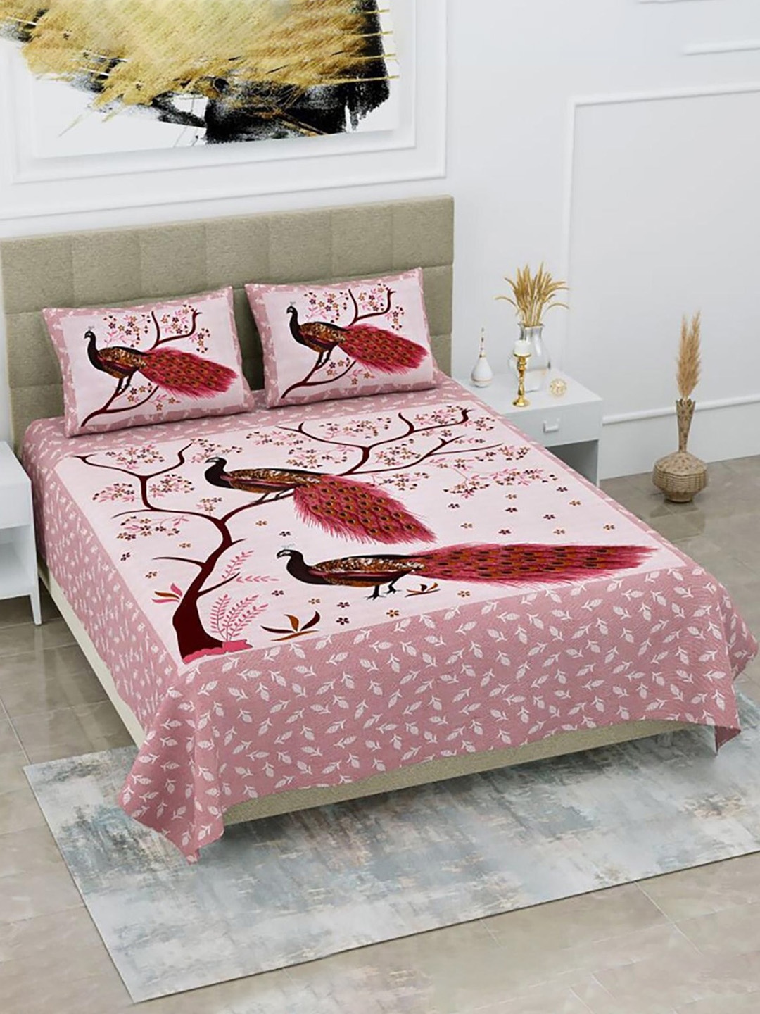 

HOMETALES Pink & Brown Graphic Cotton 104 TC King Bedsheet With 2 Pillow Covers