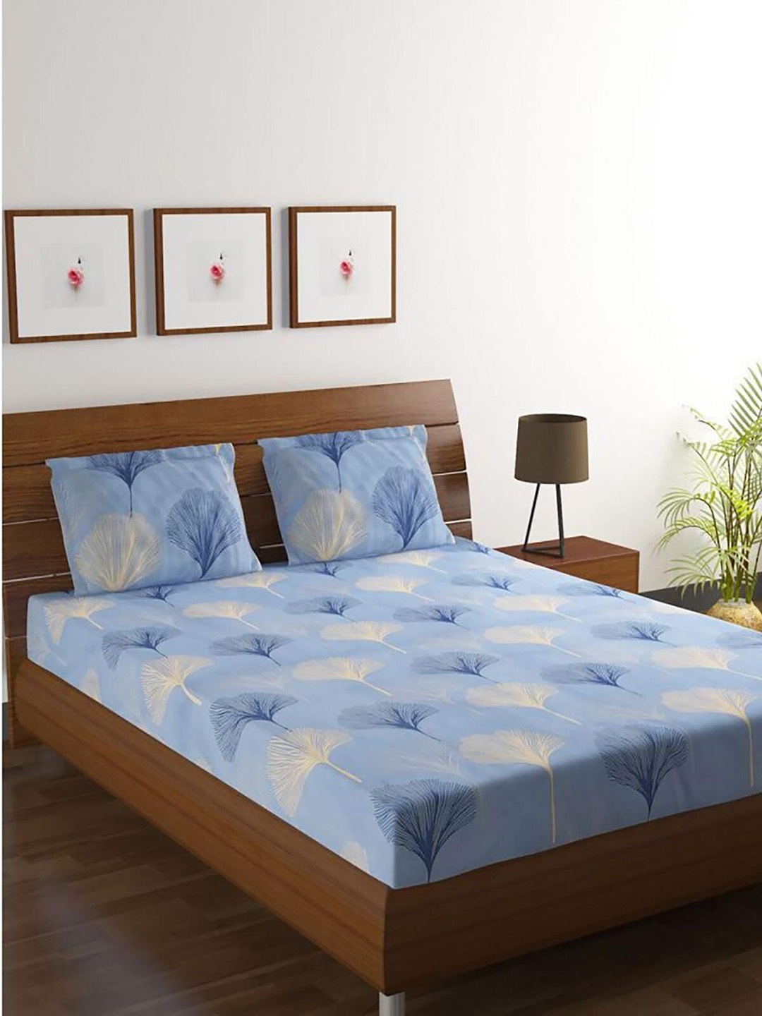 

HOMETALES Blue & Yellow 128 TC Floral Queen Bedsheet with 2 Pillow Covers