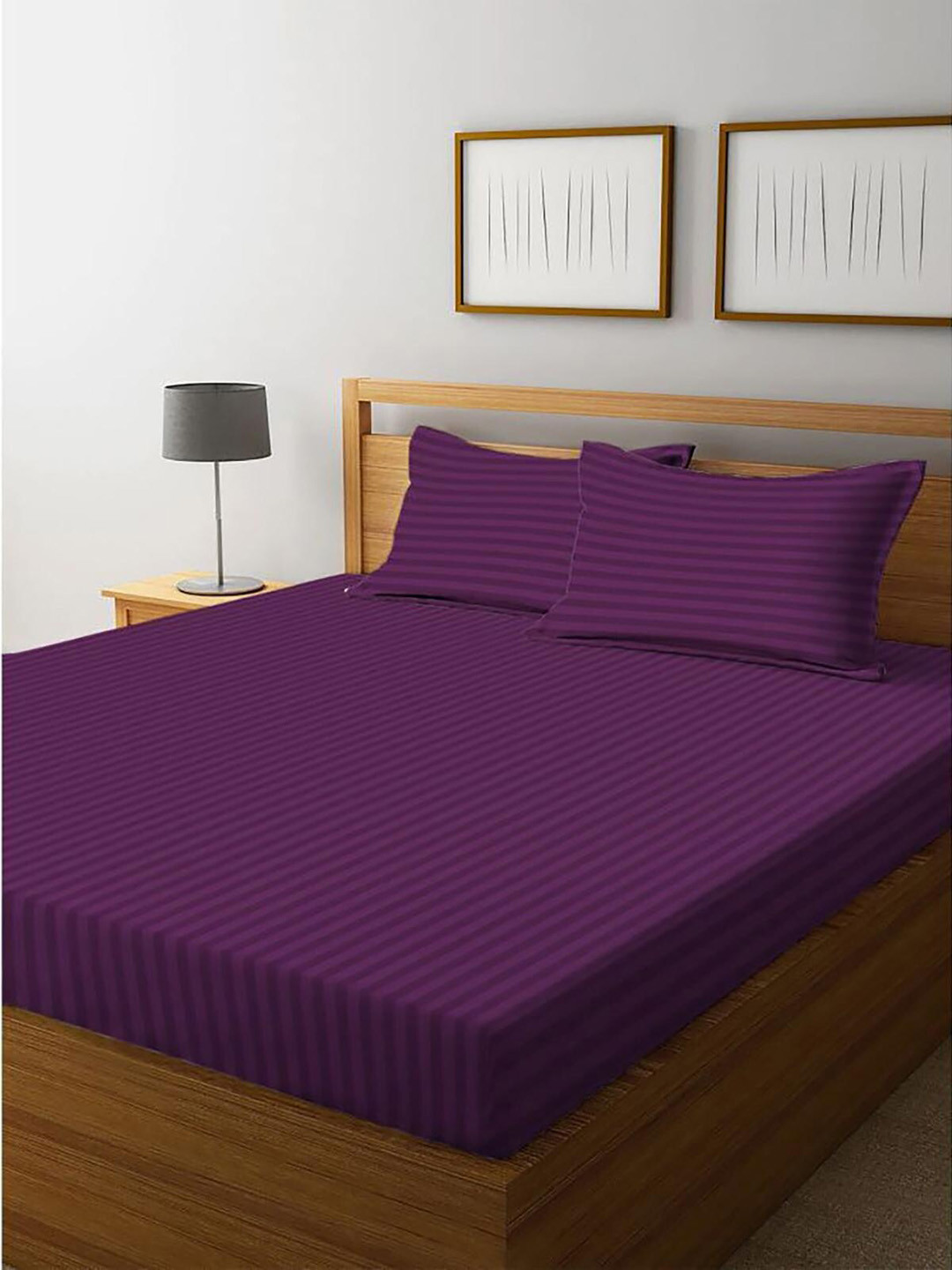

HOMETALES Purple Striped 120 TC Queen Bedsheet with 2 Pillow Covers