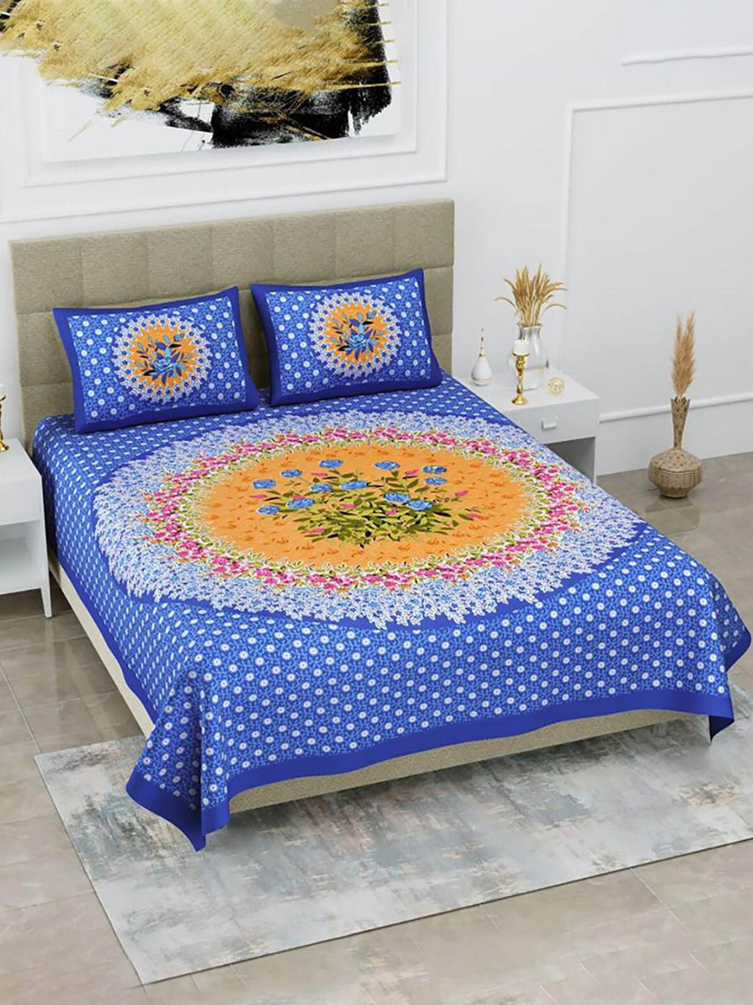 

HOMETALES Blue & Yellow Ethnic Motifs Cotton 104 TC King Bedsheet with 2 Pillow Covers