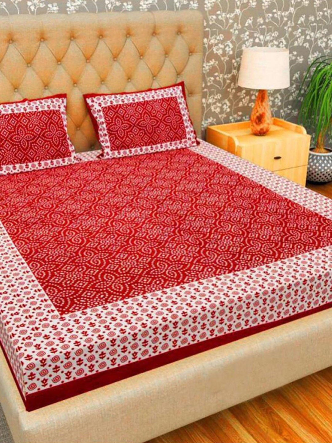 

HOMETALES Red & White Ethnic Motifs Cotton 104 TC Queen Bedsheet with 2 Pillow Covers