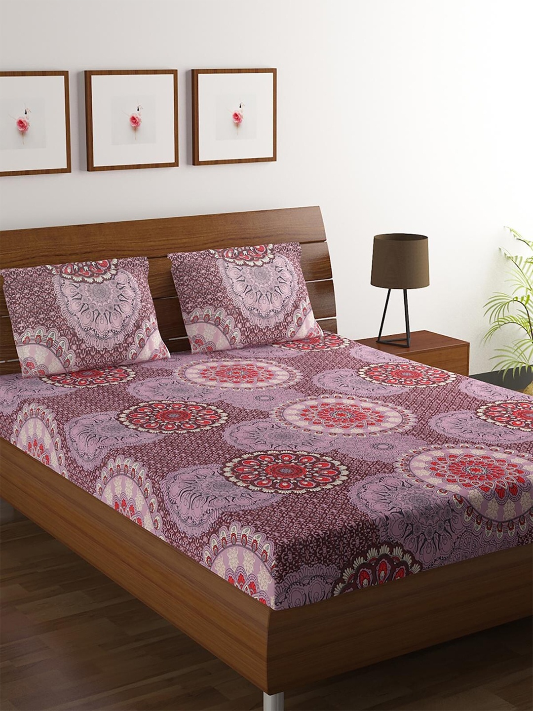 

HOMETALES Purple & White 128 TC Ethnic Motifs King Bedsheet with 2 Pillow Covers