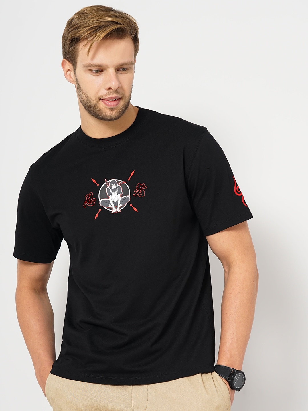 Celio Naruto Printed Round Neck Cotton Regular T-shirt, Black