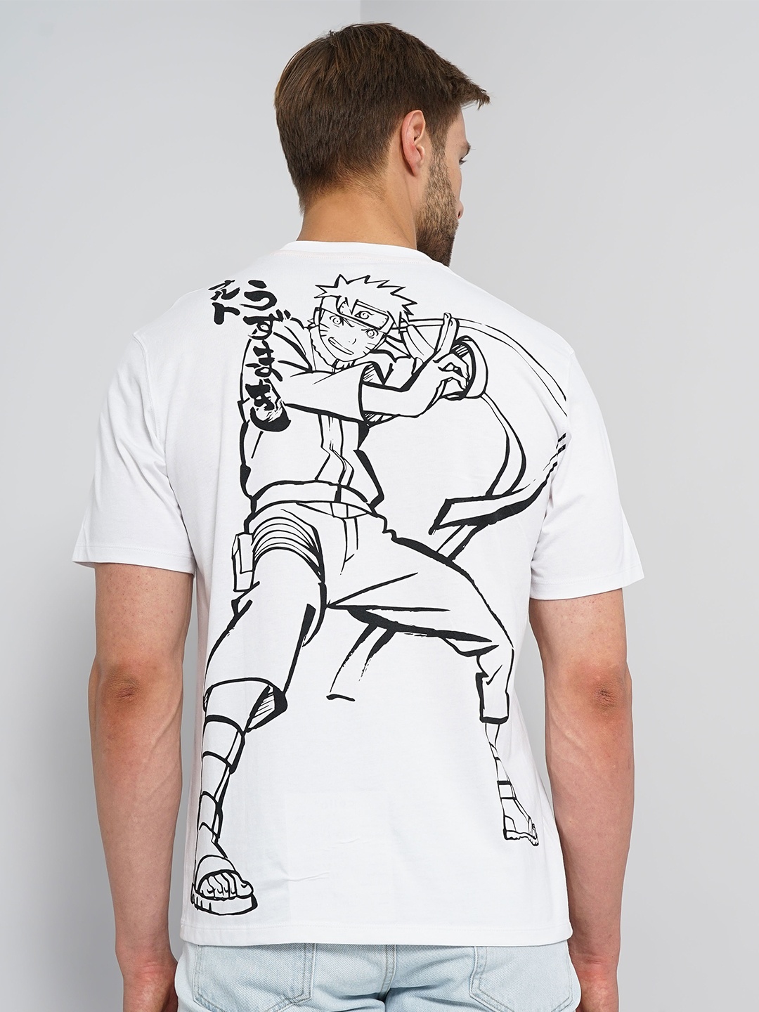 Celio Naruto Printed Round Neck Cotton Regular T-shirt, White