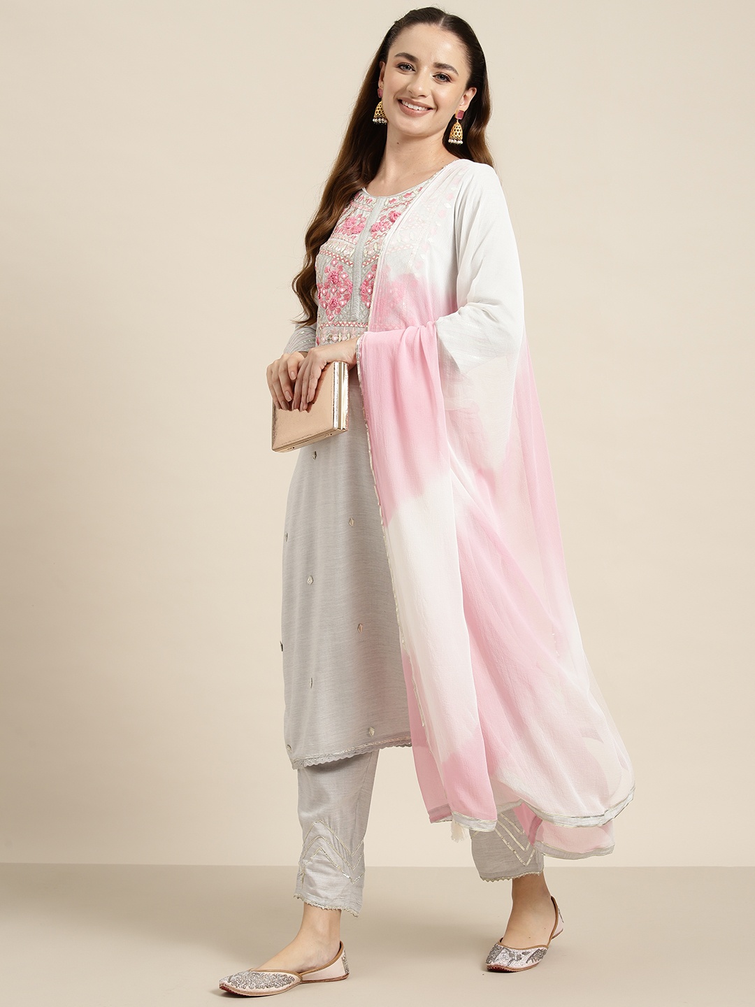 

HERE&NOW Floral Embroidered Regular Kurta with Palazzos & Dupatta, Grey