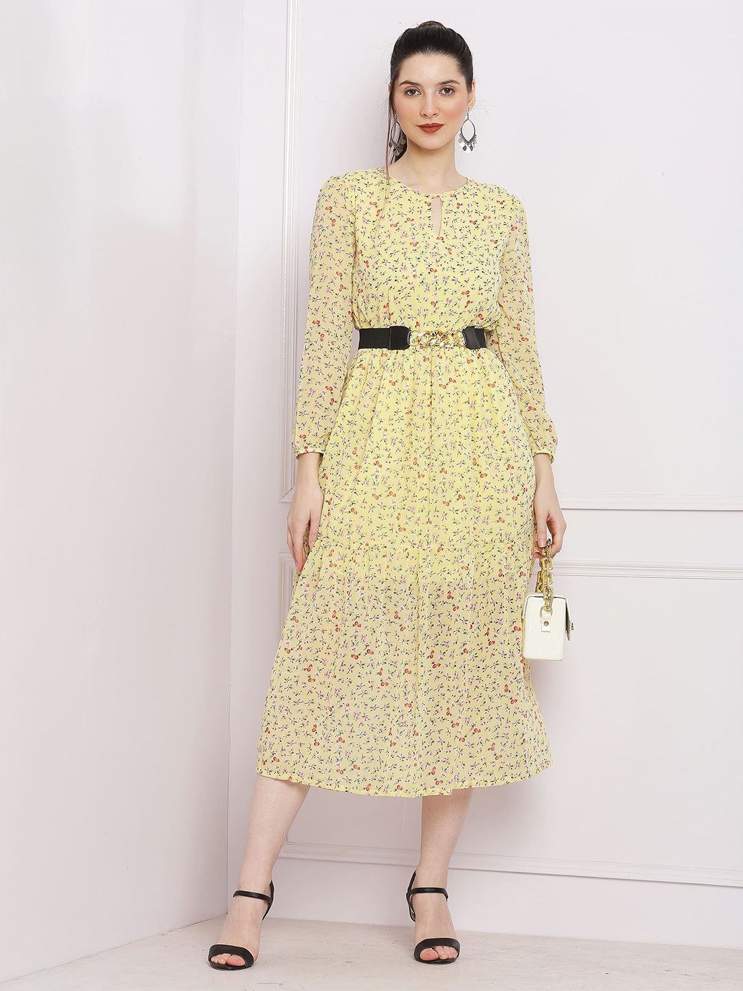 

SQew Floral Printed Keyhole Neck Fit and Flare Midi Dress, Yellow