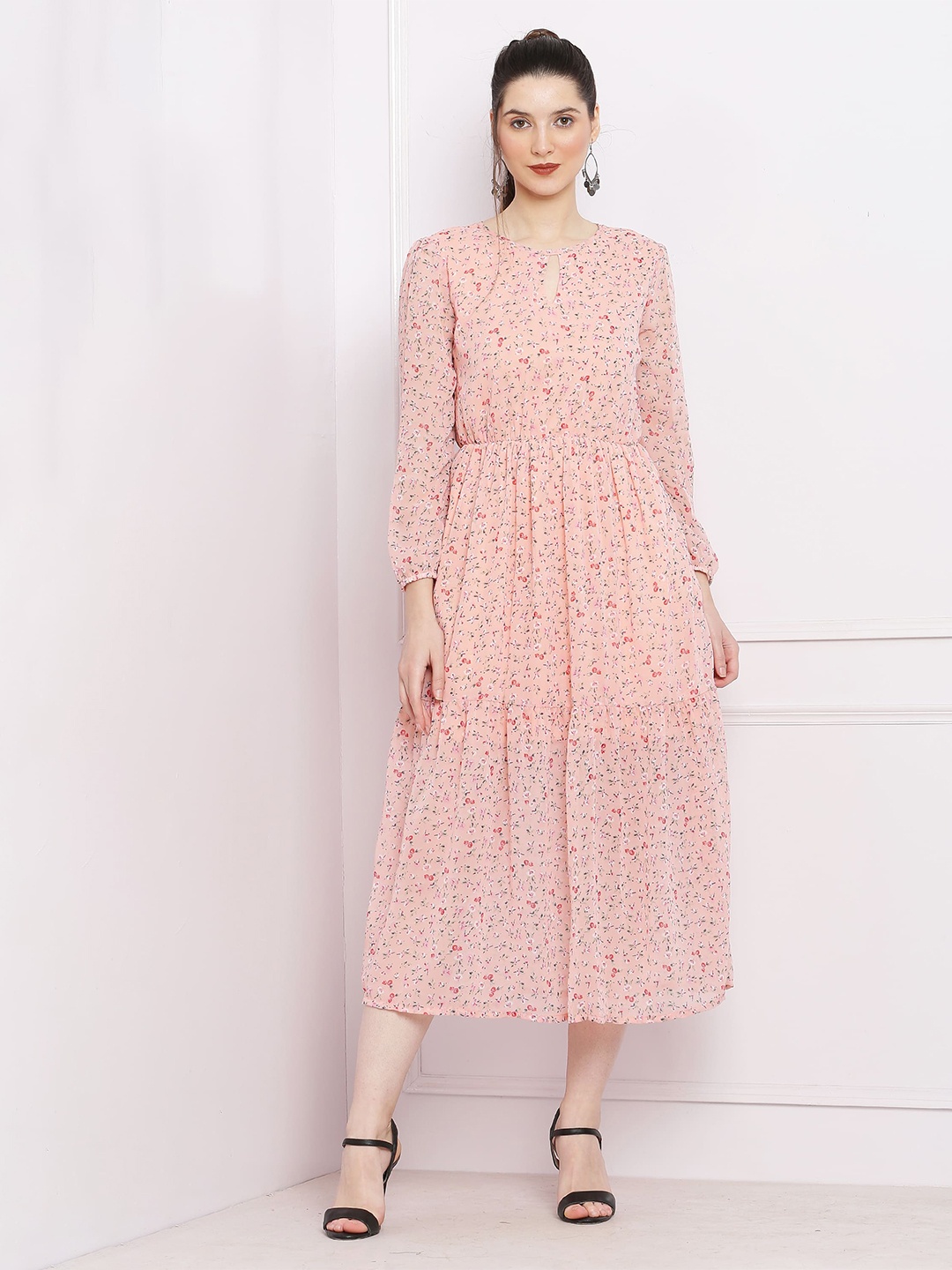 

SQew Floral Printed Keyhole Neck Fit and Flare Midi Dress, Peach