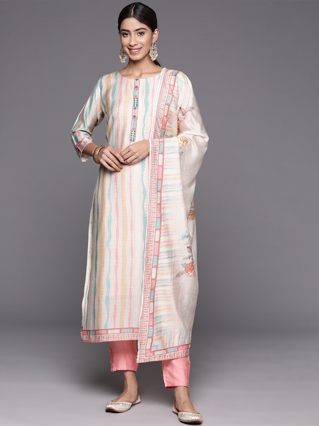 

Varanga Striped Sequinned Kurta with Trousers & With Dupatta, Cream