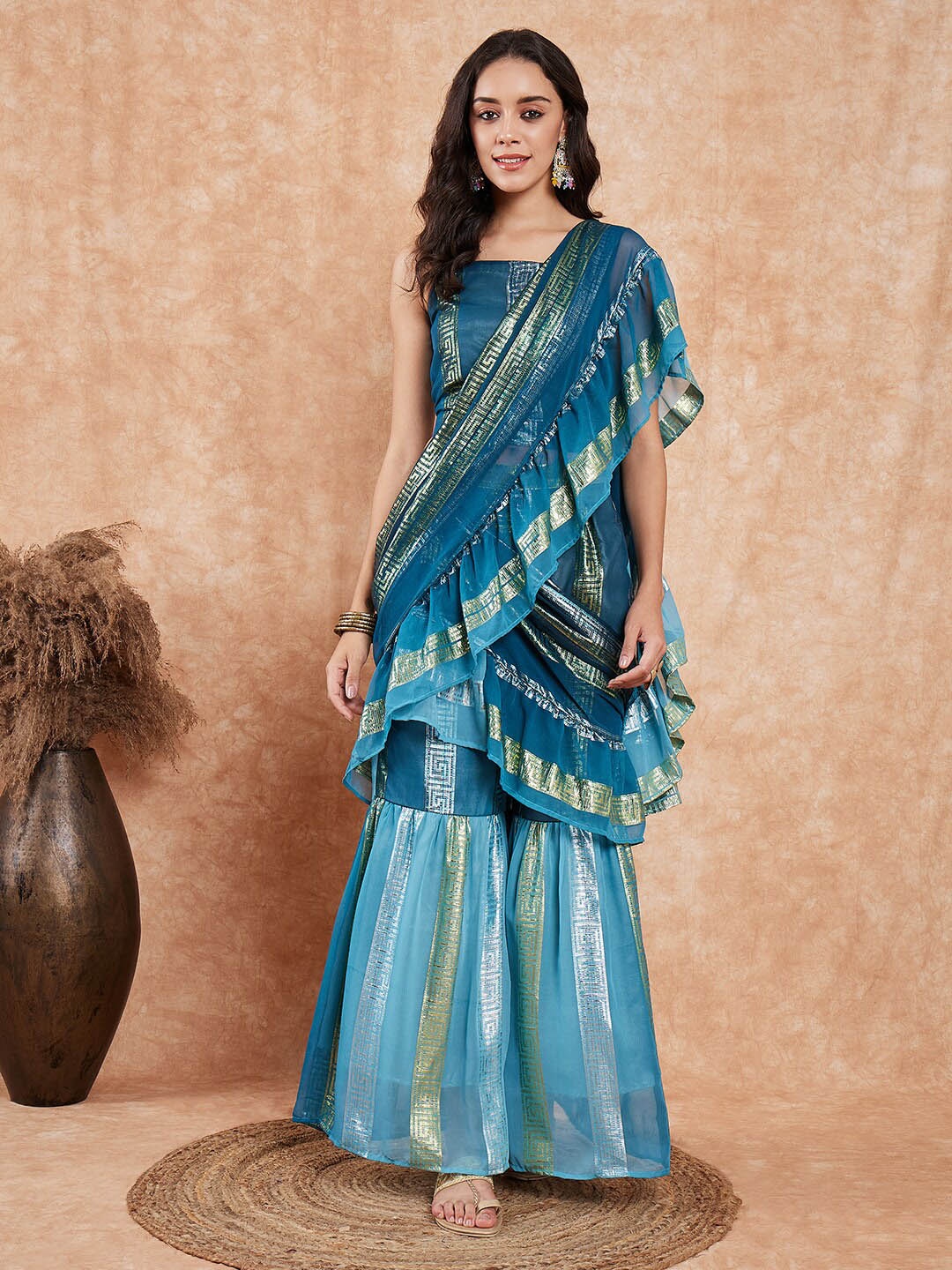 

InWeave Teal & Gold-Toned Abstract Printed Sharara Saree