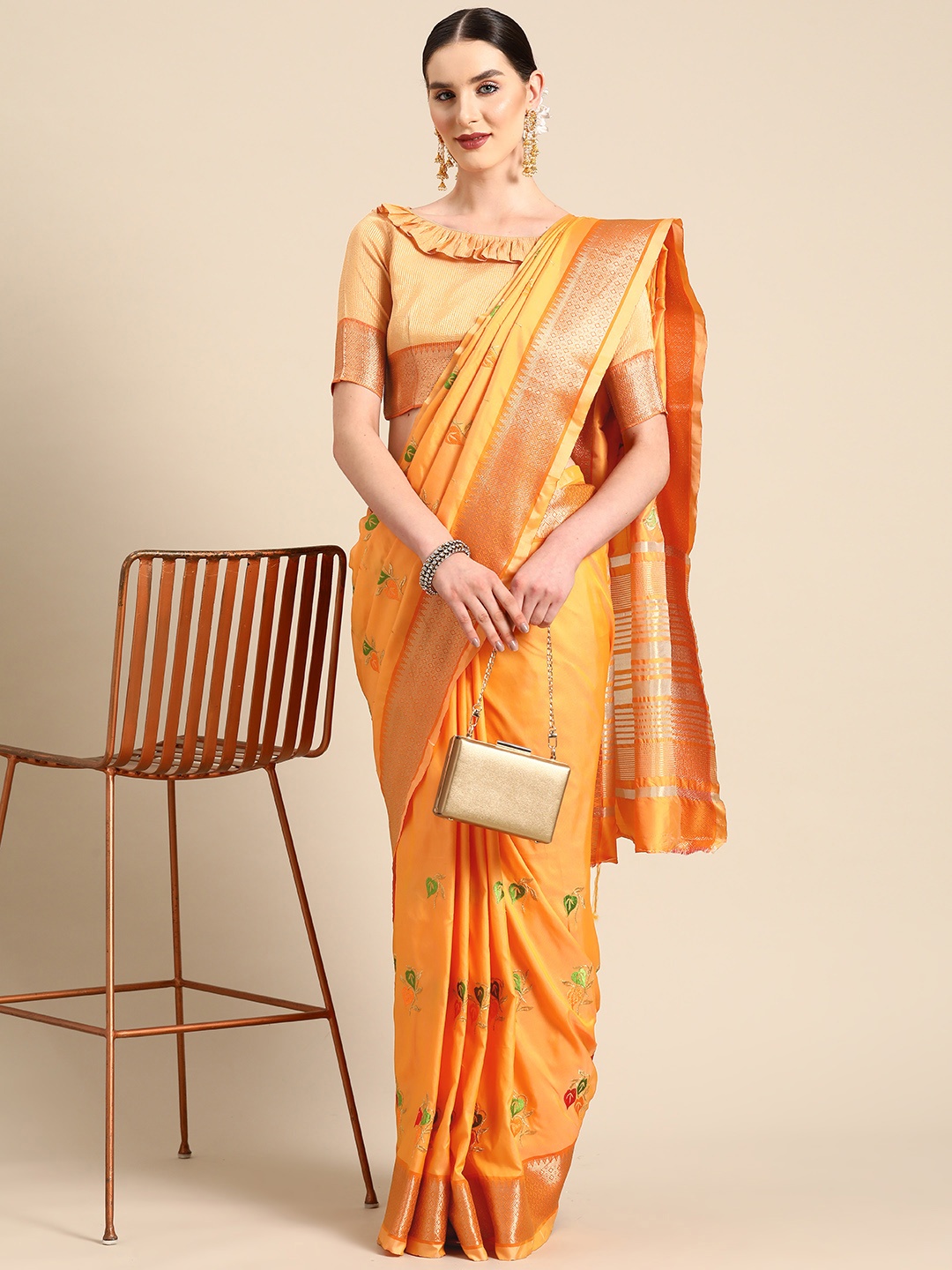 

SERONA FABRICS Silk Cotton Woven Design Embroidered Banarasi Saree, Yellow