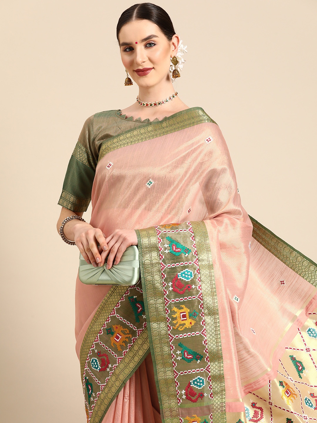 

SERONA FABRICS Organza Woven Design Embroidered Patola Saree With Blouse Piece, Peach