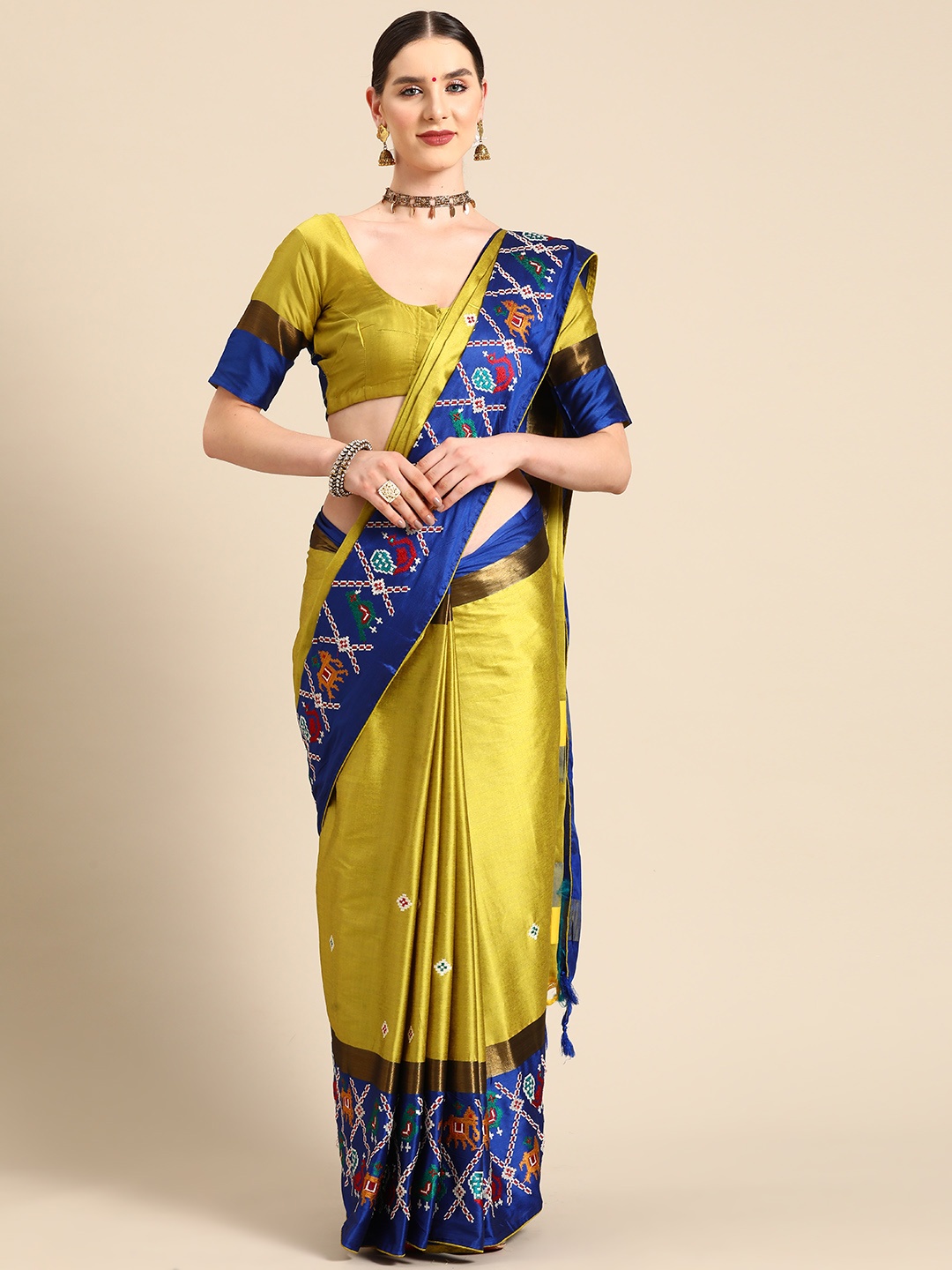 

SERONA FABRICS Silk Cotton Woven Design Embroidered Patola Saree With Blouse Piece, Yellow