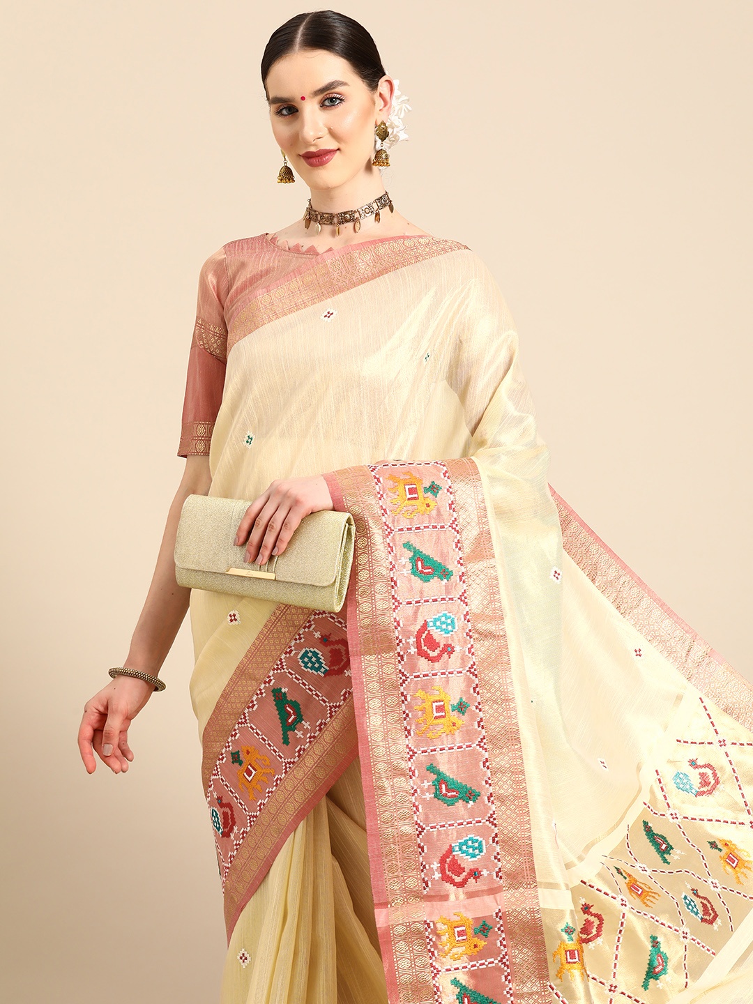 

SERONA FABRICS Embroidered Organza Patola Saree, Cream