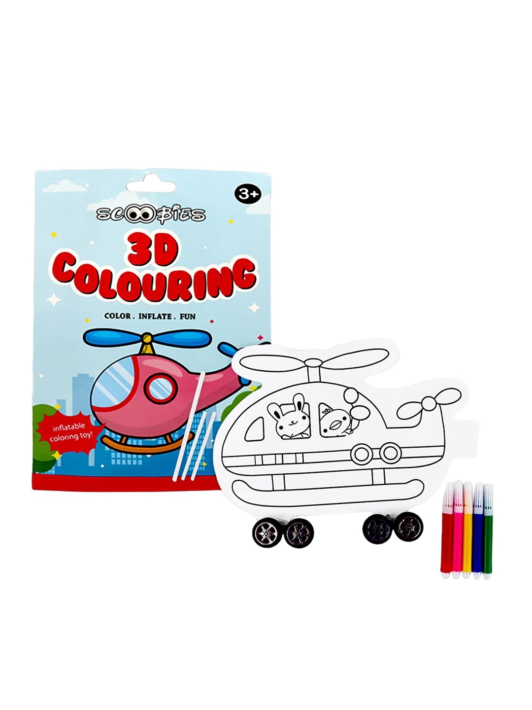

Scoobies 3D Colouring Helicopter With 5 Marker & Reusable Inflatable Toy, White