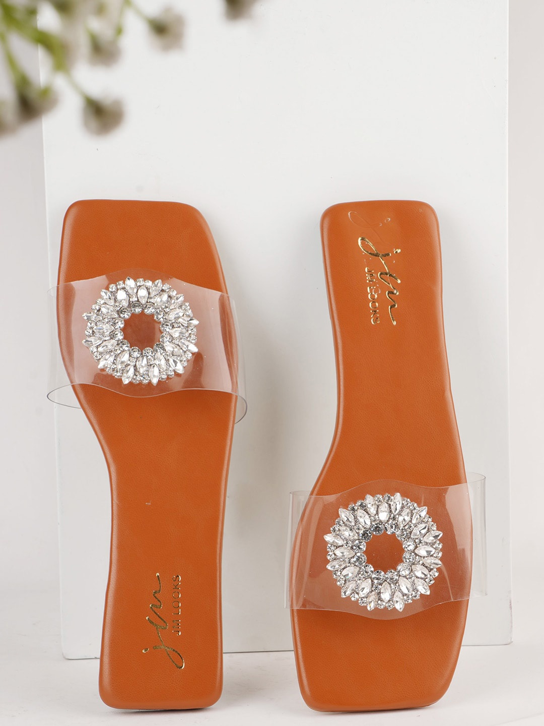 

JM Looks Embellished Open Toe Flats, Tan