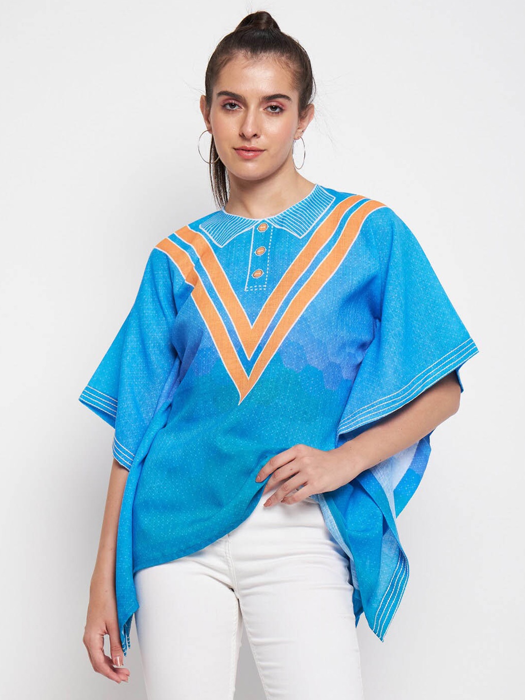 

The Kaftan Company Geometric Printed Kimono Sleeve Kaftan Top, Blue