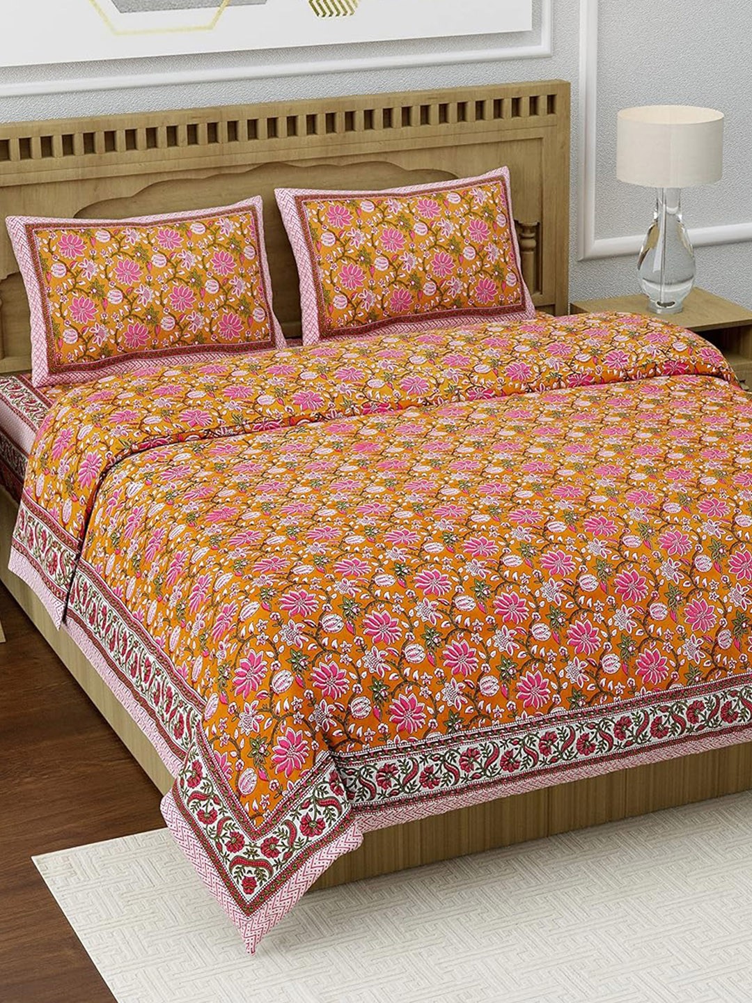 

BRASK INDIA Orange & Pink Floral Cotton 300 TC King Bedsheet With 2 Pillow Covers