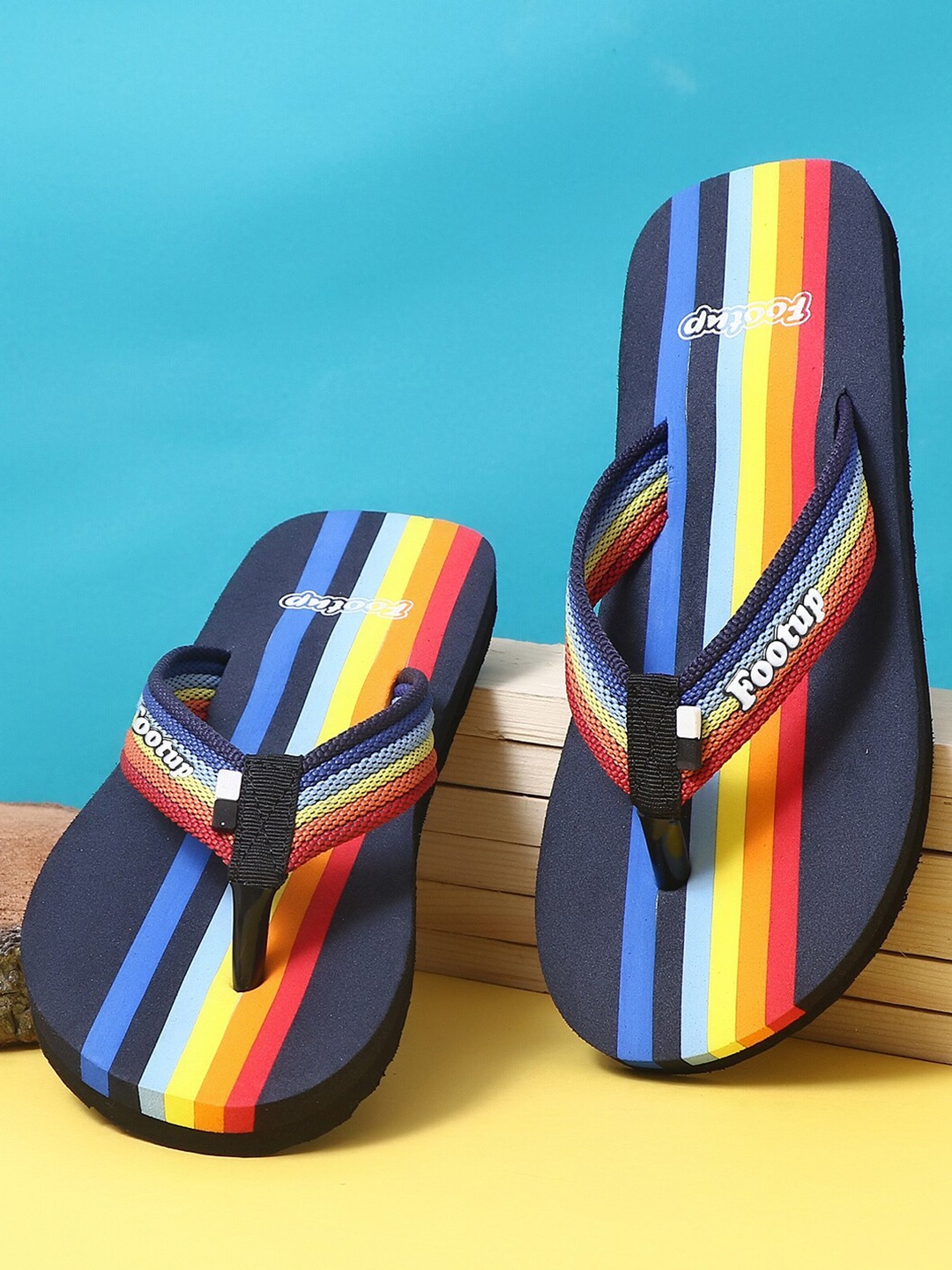

FOOTUP Men Inderdhanush Striped Thong Flip-Flops, Navy blue