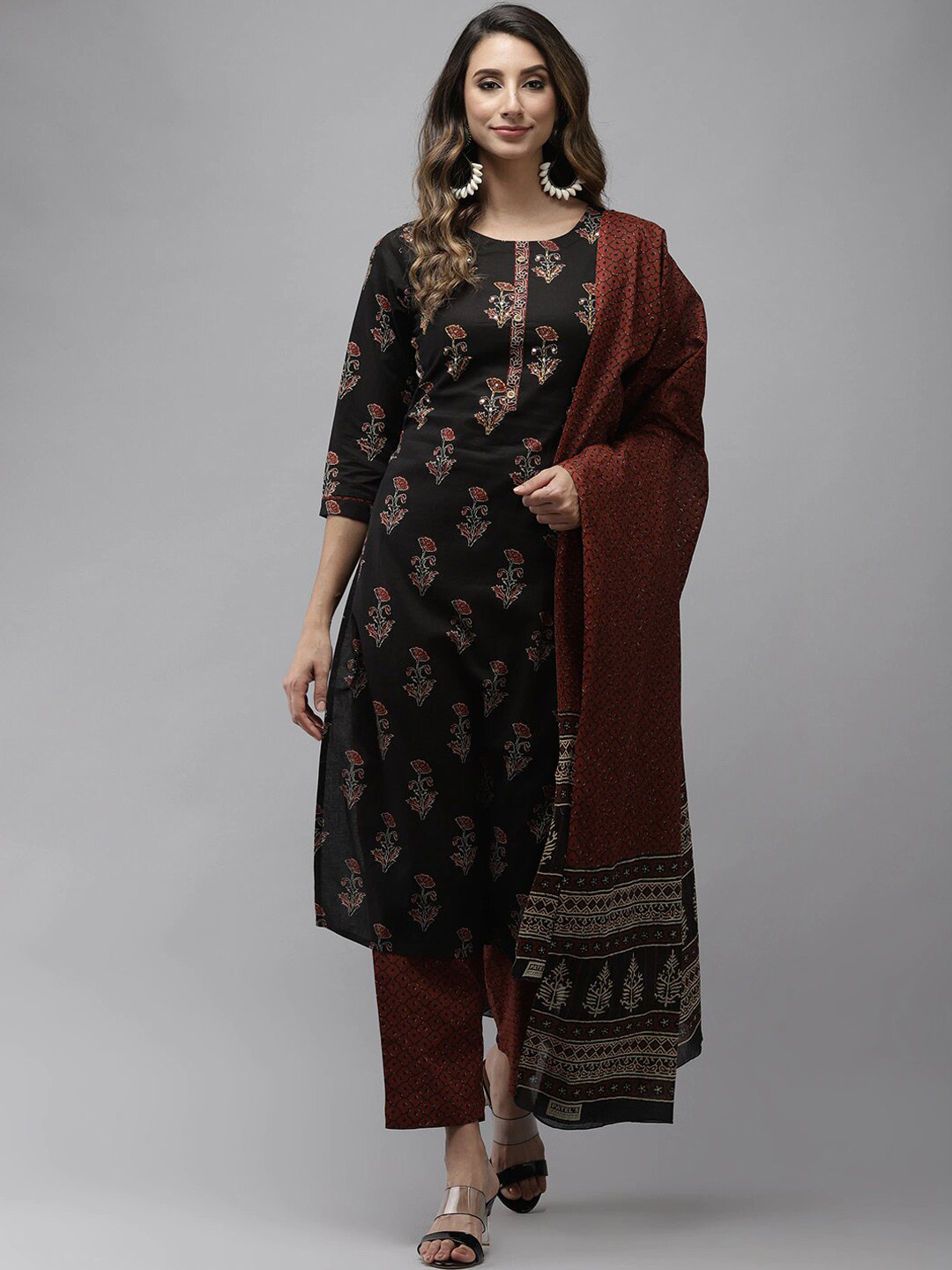 

Yufta Floral Printed Sequinned Pure Cotton Straight Kurta With Trousers & Dupatta, Black