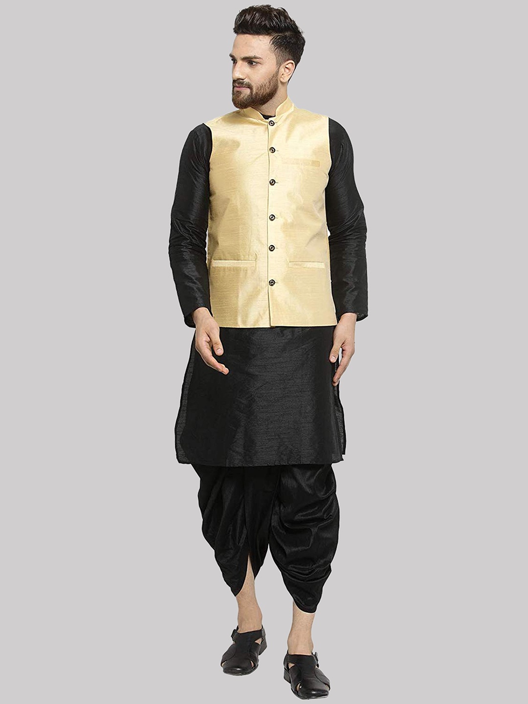 

ROYAL KURTA Pure Silk Mandarin Collar Kurta With Dhoti Pants & Nehru Jacket, Black