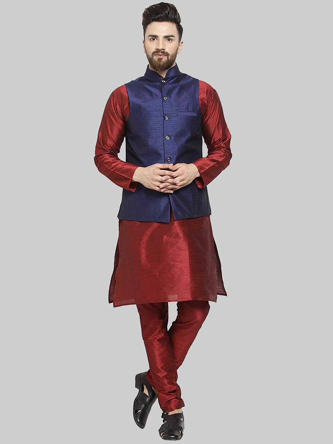 

ROYAL KURTA Pure Silk Mandarin Collar Kurta With Churidar & Nehru Jacket, Maroon