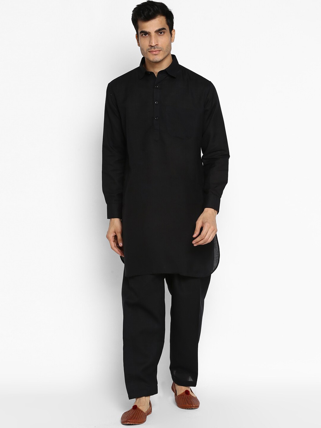 

ROYAL KURTA Shirt Collar Pathani Kurta With Salwar, Black