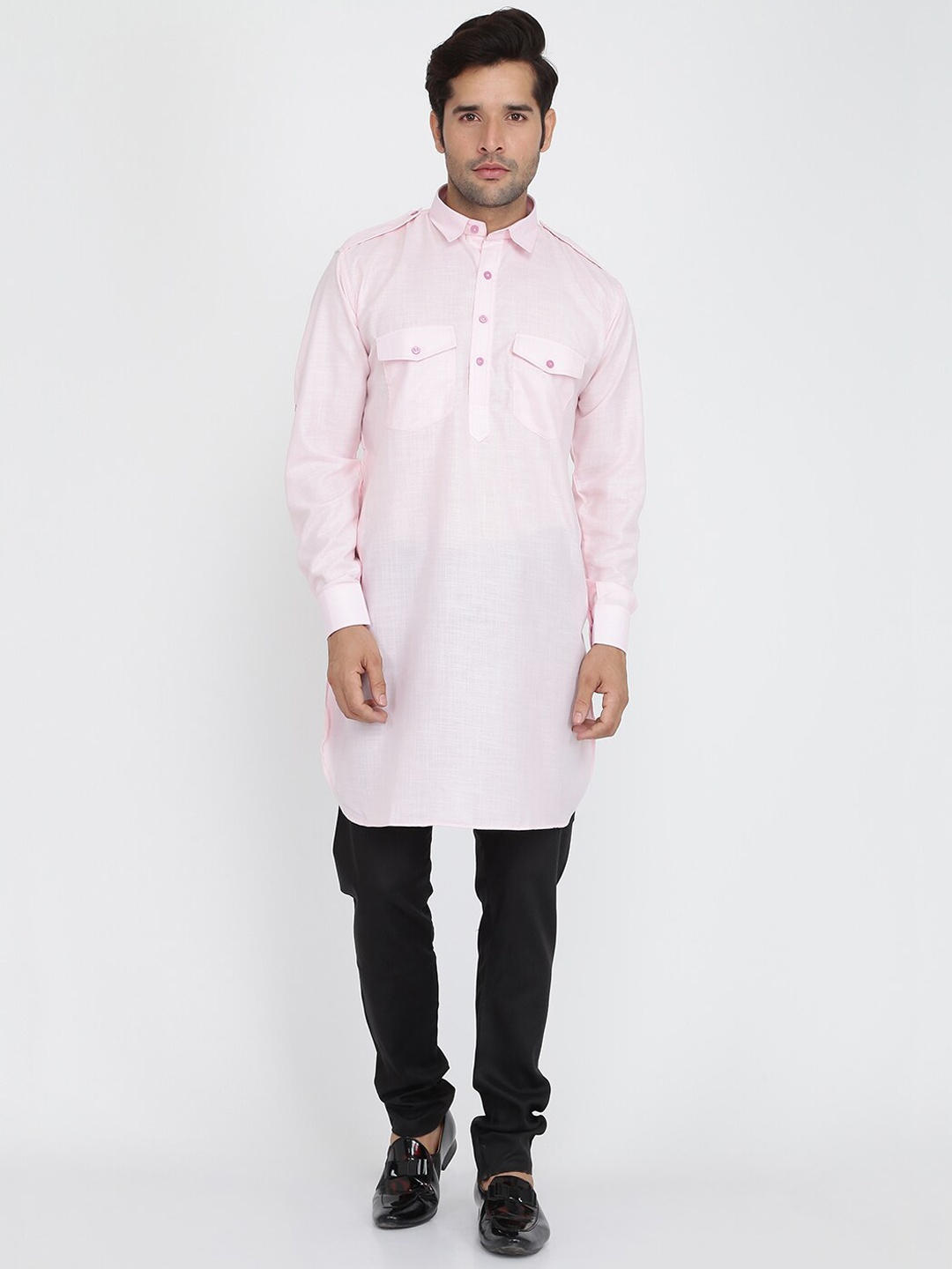 

ROYAL KURTA Shirt Collar Roll-Up Sleeves Pure Cotton Pathani Kurta With Churidar, Pink