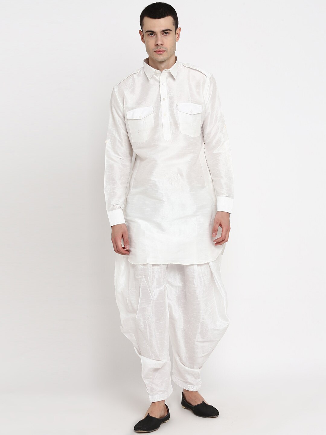 

ROYAL KURTA Shirt Collar Roll-Up Sleeves Pathani Kurta With Salwar, White