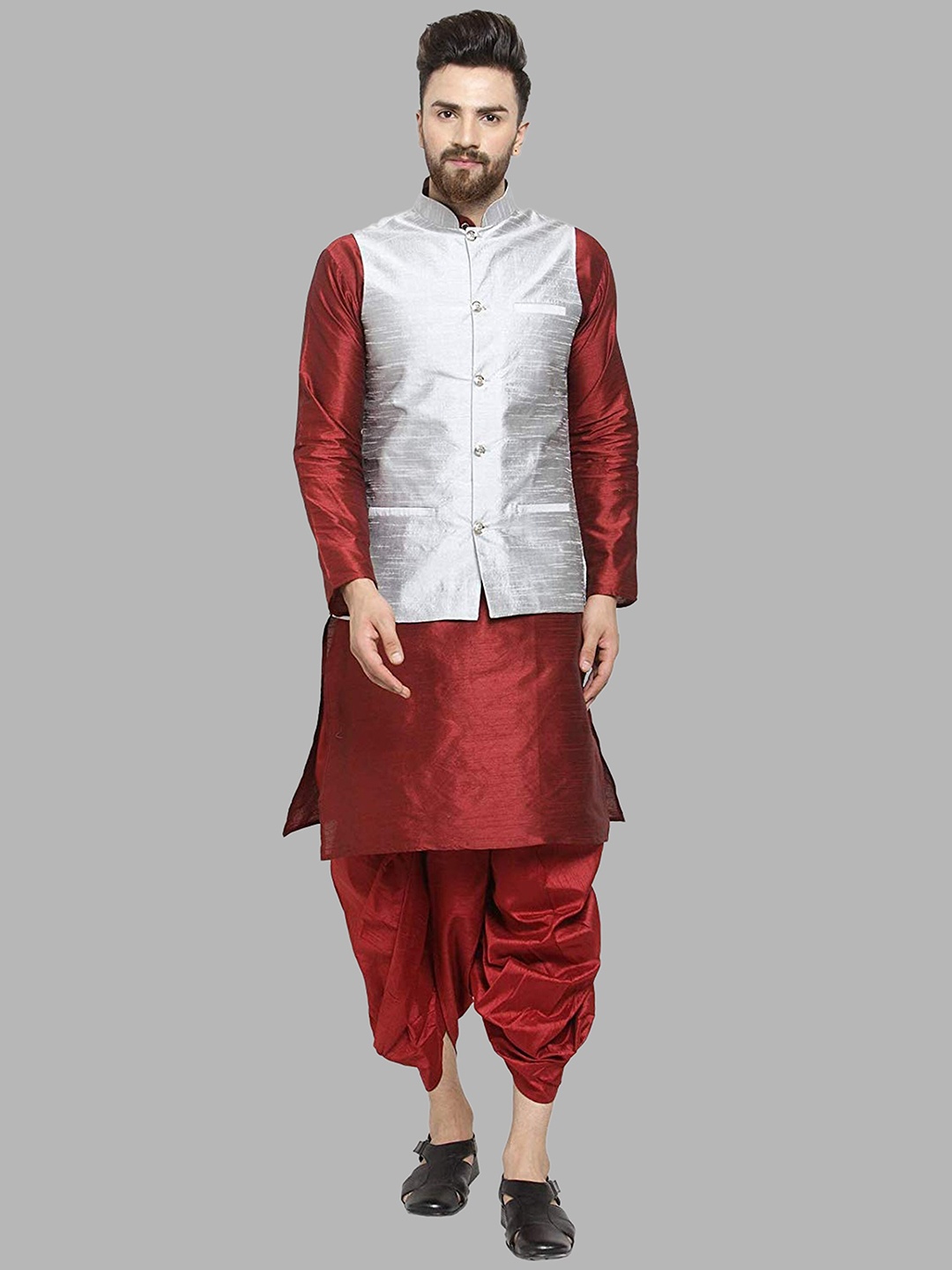 

ROYAL KURTA Mandarin Collar Kurta With Dhoti Pants & Nehru Jacket, Maroon