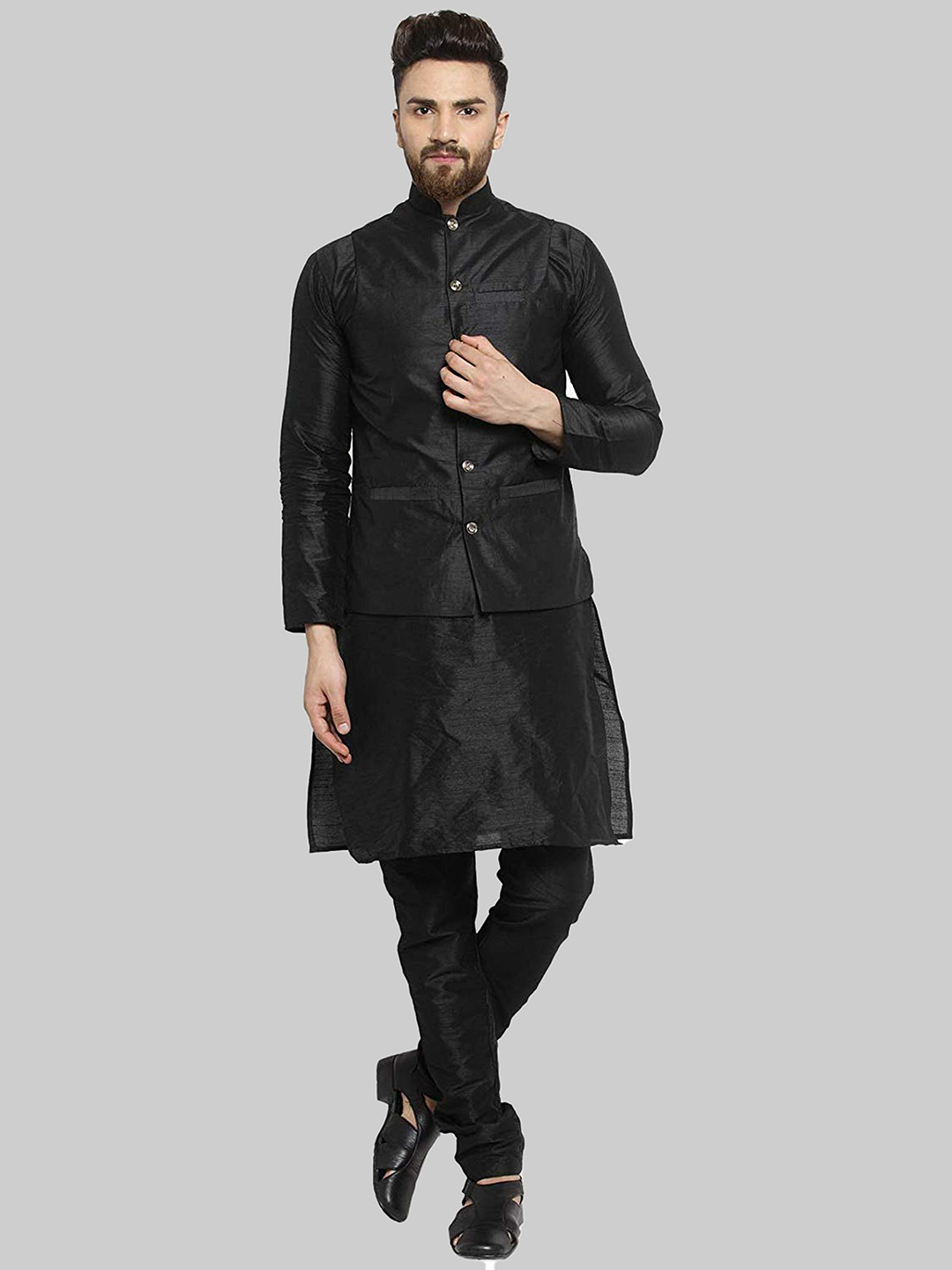 

ROYAL KURTA Mandarin Collar Kurta With Churidar & Nehru Jacket, Black