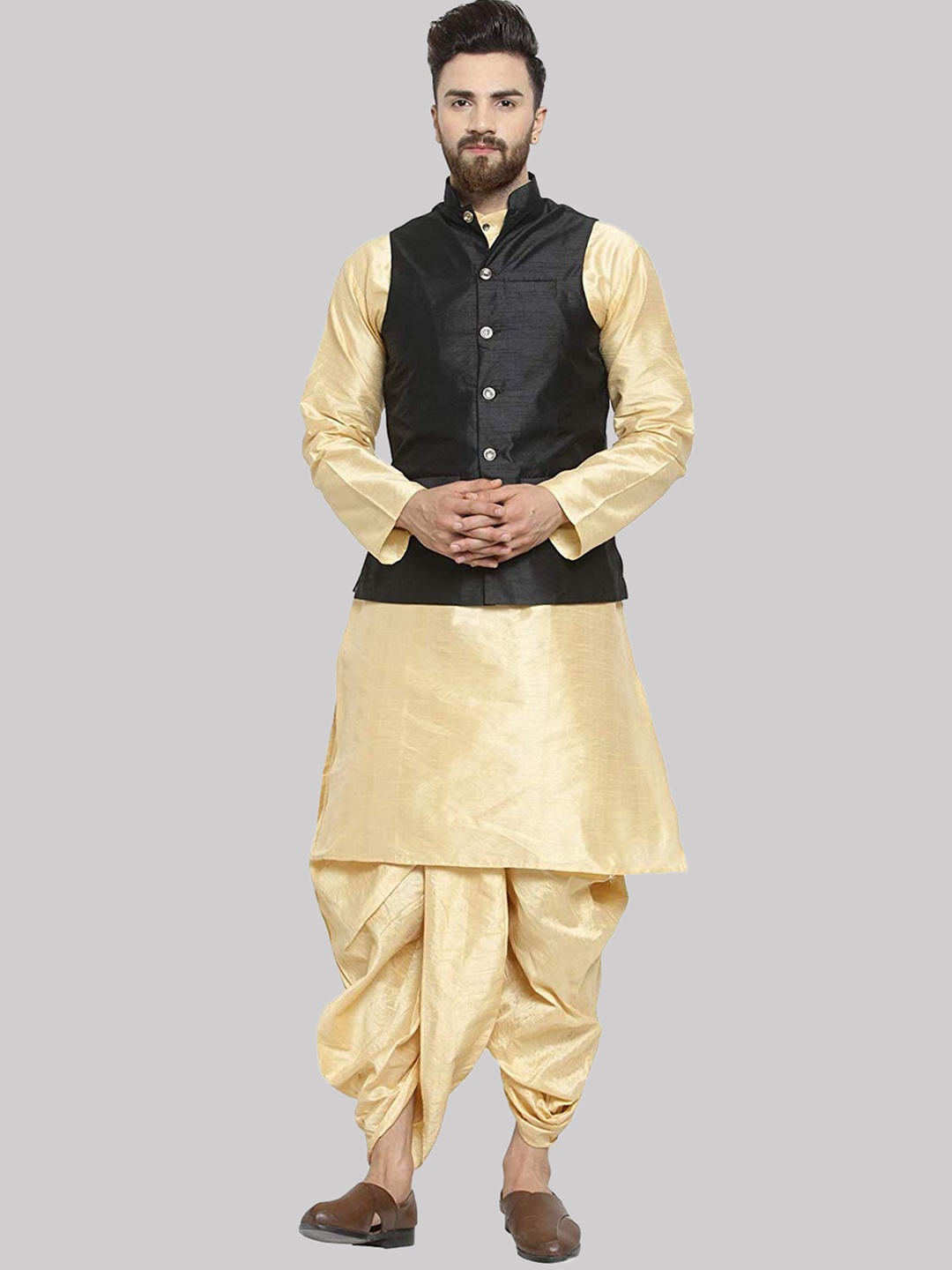 

ROYAL KURTA Mandarin Collar Kurta With Dhoti Pants & Nehru Jacket, Gold