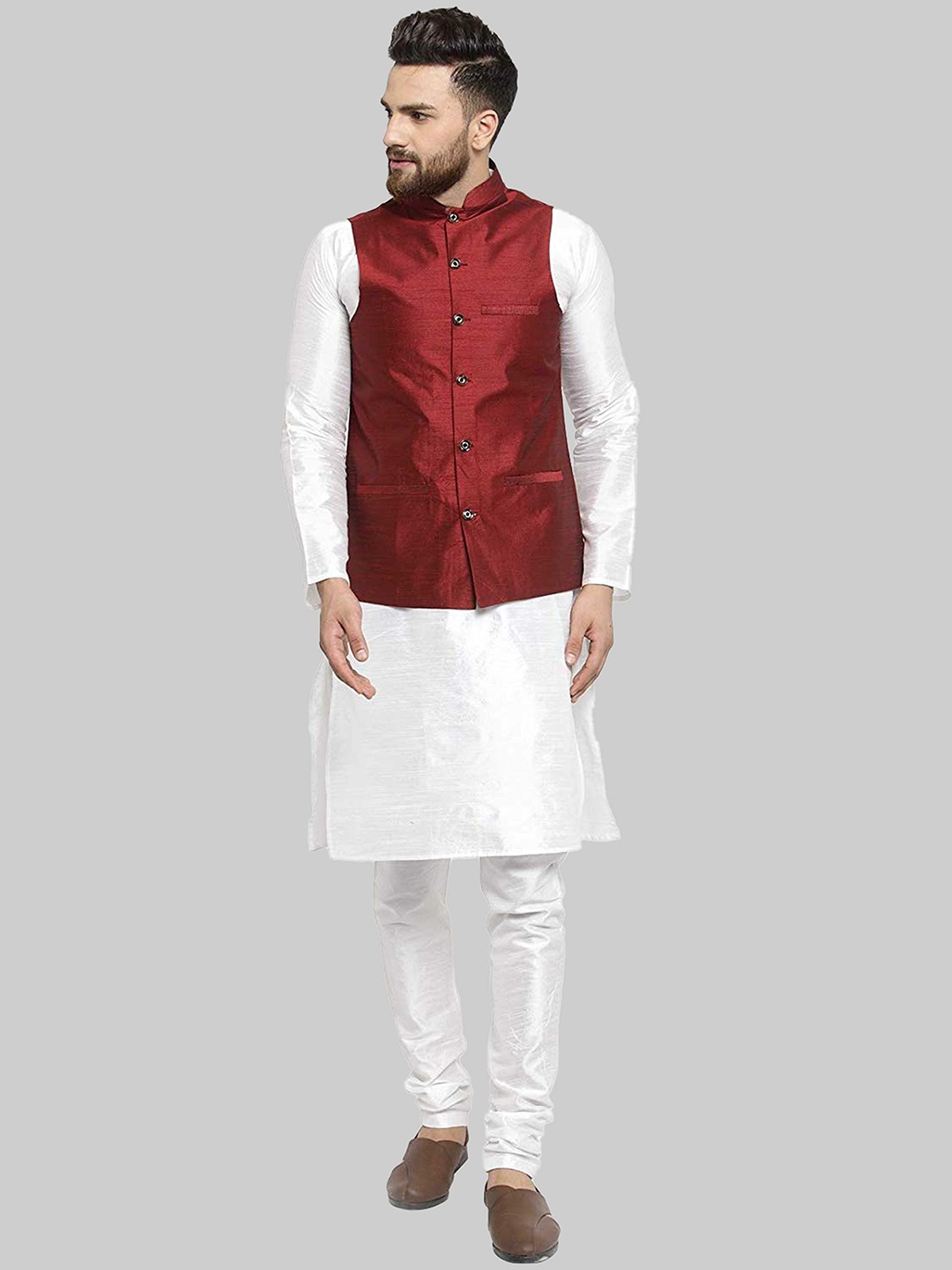 

ROYAL KURTA Mandarin Collar Kurta With Churidar & Nehru Jacket, White