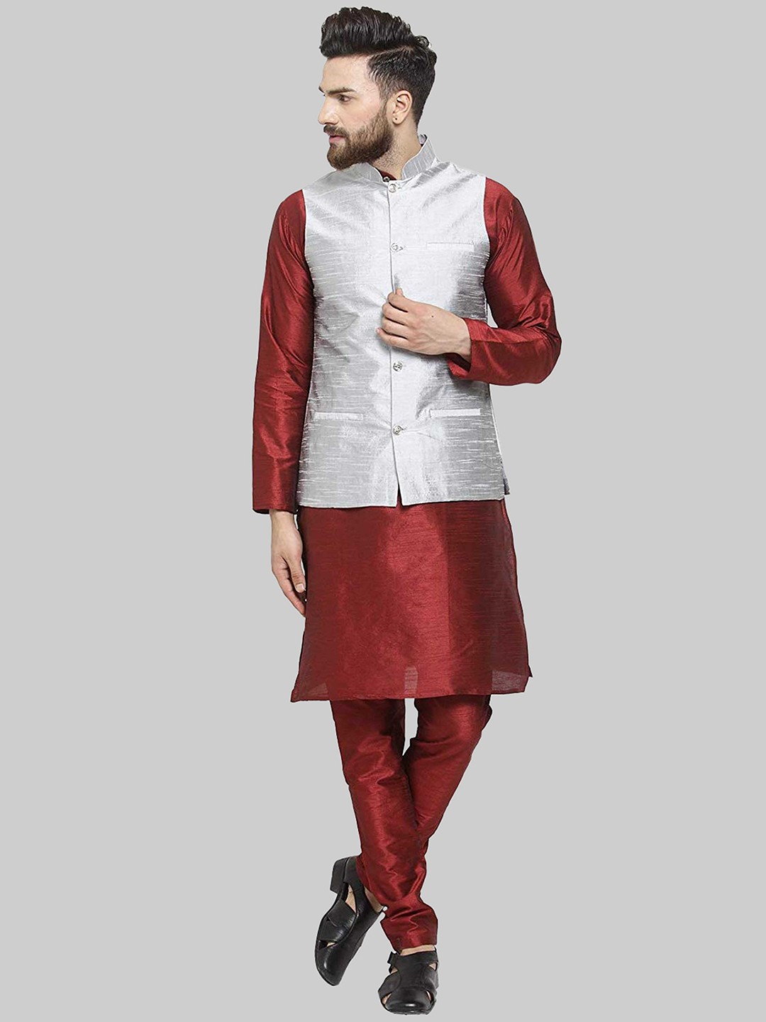 

ROYAL KURTA Mandarin Collar Kurta With Churidar & Nehru Jacket, Maroon